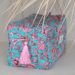 Blockprint toiletry bag Fez blue pink flower L