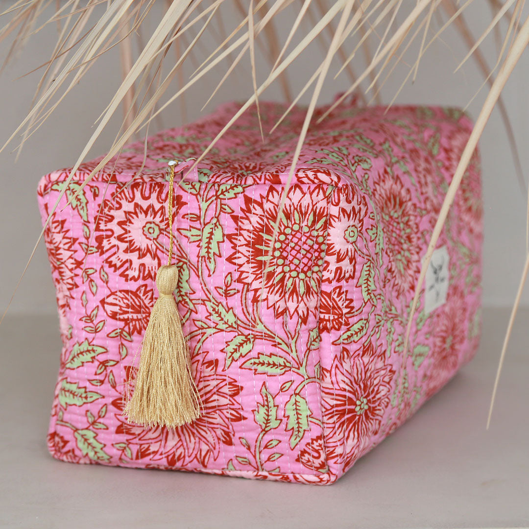 Blockprint toiletry bag Fez pink flower L