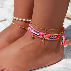 Anklet cotton aztec pink golden coin