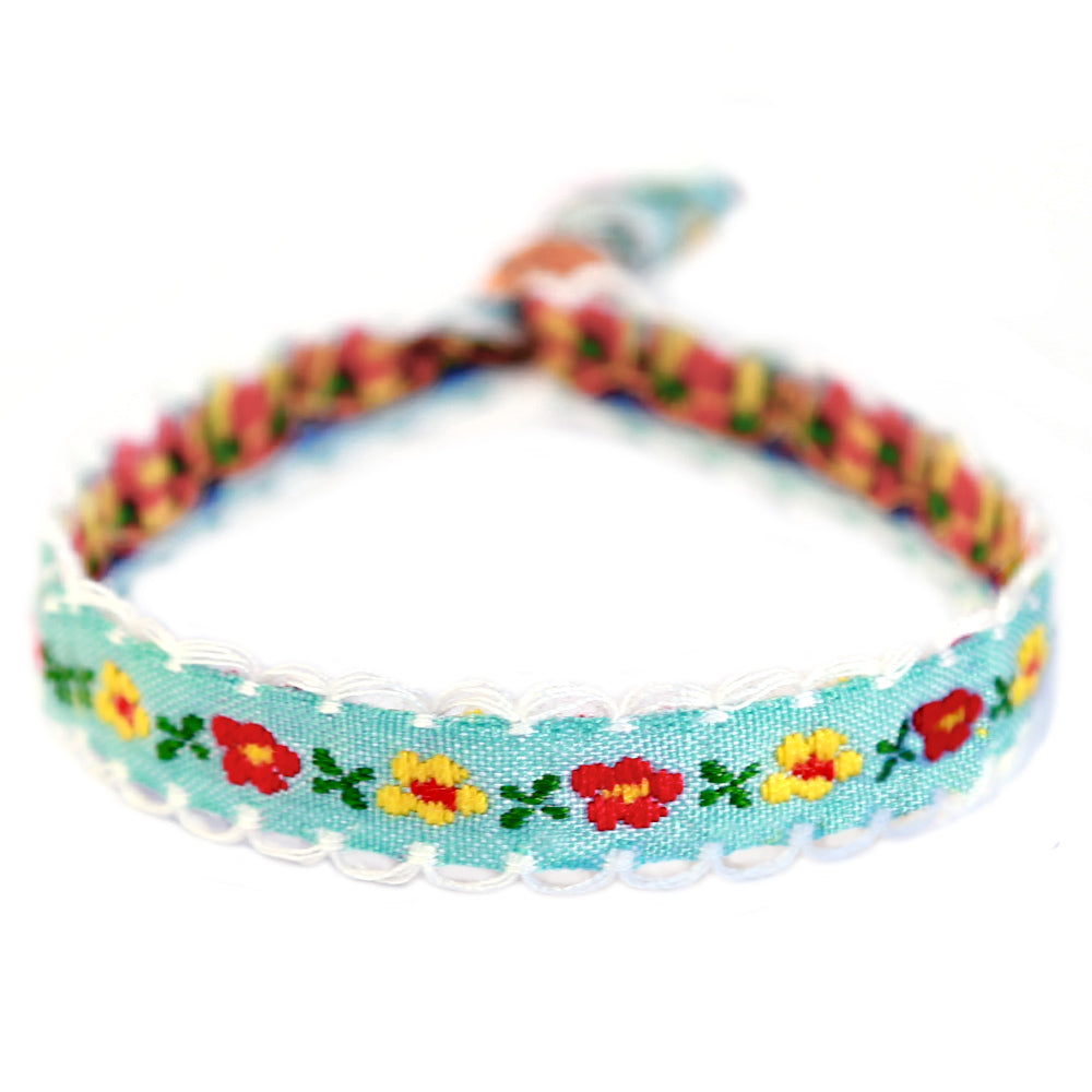 Bracelet tissé coton fleur bleu