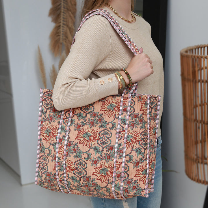 Sac bandoulière imprimé bloc fleur beige