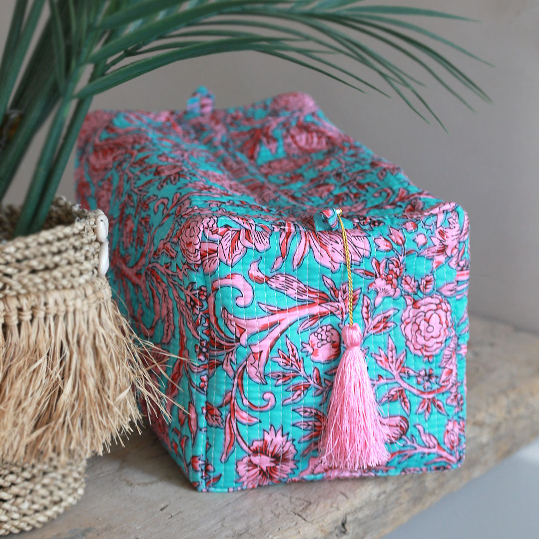 Blockprint toiletry bag Fez blue pink flower L