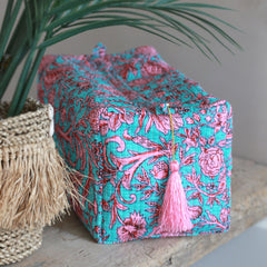 Trousse de toilette Blockprint Fez bleu rose fleur L