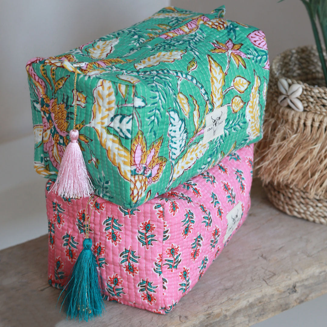 Blockprint toiletry bag Fez mint flower M