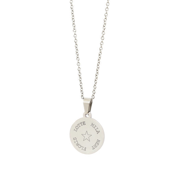 Engraved necklace silver - round names &amp; symbol